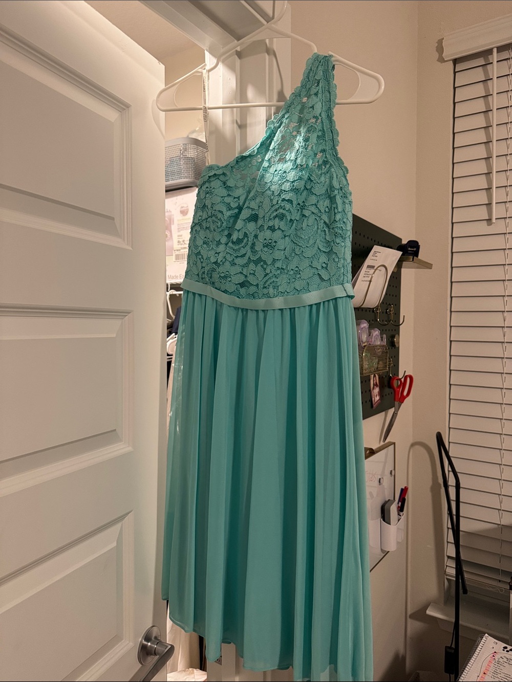 David's Bridal One-Shoulder Lace Bodice Chiffon Dress - Aqua/Teal
